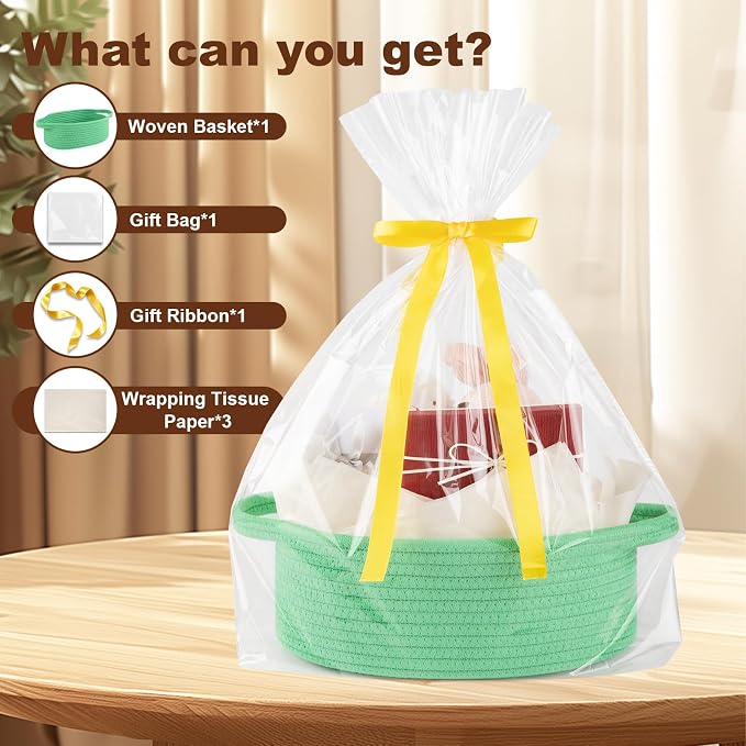 OIAHOMY Gift Basket with Handle, Small Woven Basket with Gift Bag, Ribbon and Wrap Tissue Paper, Nursery Bins Empty to Fill with Small Items, Baby, Pet Toy Organizer - Green