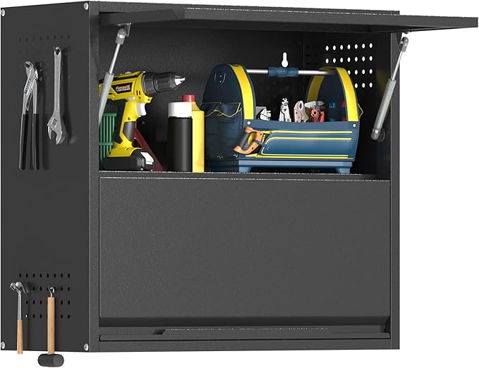 Metal Garage Wall Cabinet with Up-Flip Door, Black Float Tool Cabenit with 2 Doors,Upper Storage Cabinets with Pegboard for Kitchen,Garage,Workshop,Warehouse (25.6" H,Black)
