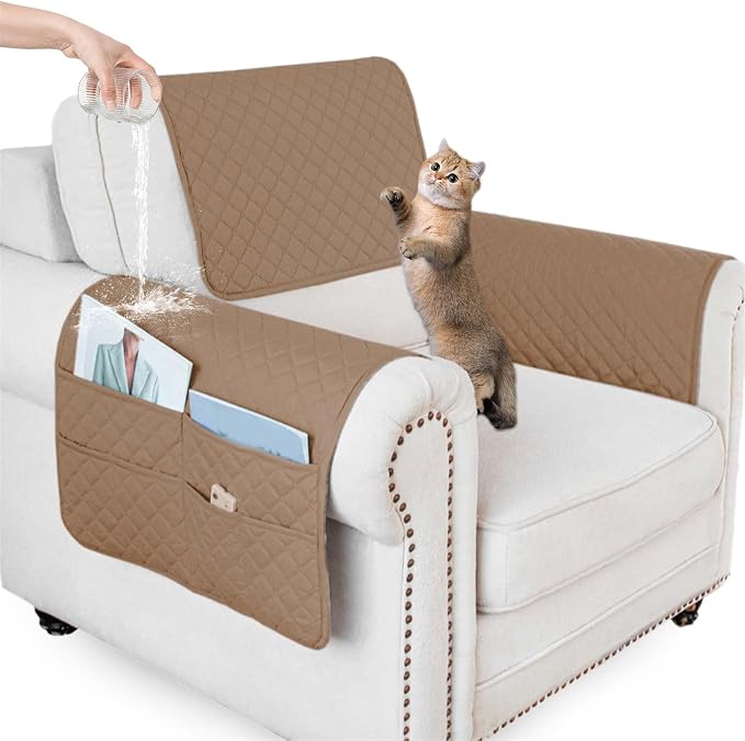Large Polyester Armrest and Headrest Covers with 2 Pockets | Soft, smooth polyester resists daily wear nonslip silicone backing helps shield recliners and sofas from pet scratches