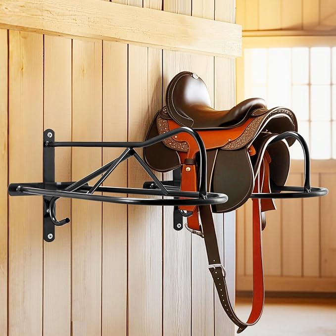 VEVOR Wall Mount Saddle Rack, 27.3 x 16.3 x 12.5 in, 8 Packs Horse Saddle Rack with Pad Bar, Portable Saddle Stand for English & Western Saddle, Horse Tack Storage for Equestrian Garden, Black