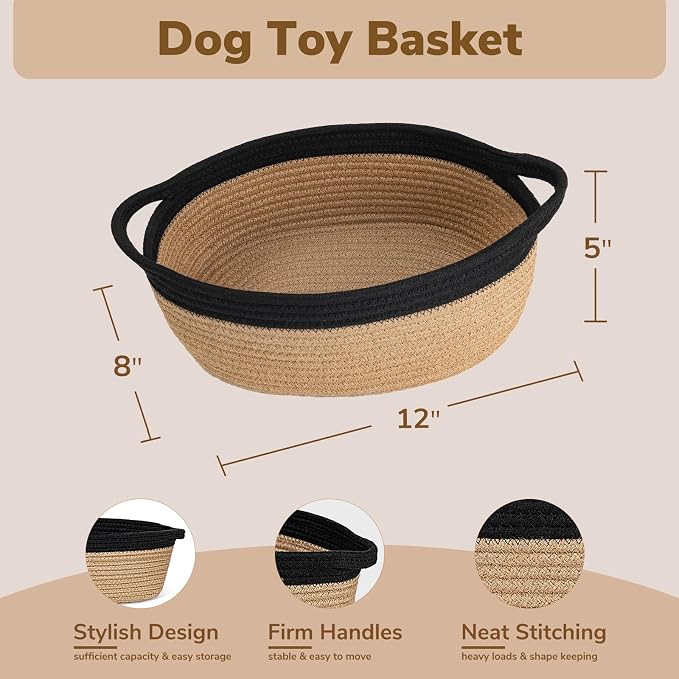 Goodpick Small Woven Rope Gift Basket Empty, 12" x 8" x 5", Jute and Black | Baby Basket for Baby Showers Toys, Fits Living Room Nursery Bedroom Organization, Dog Toy Storage, with Durable Handles