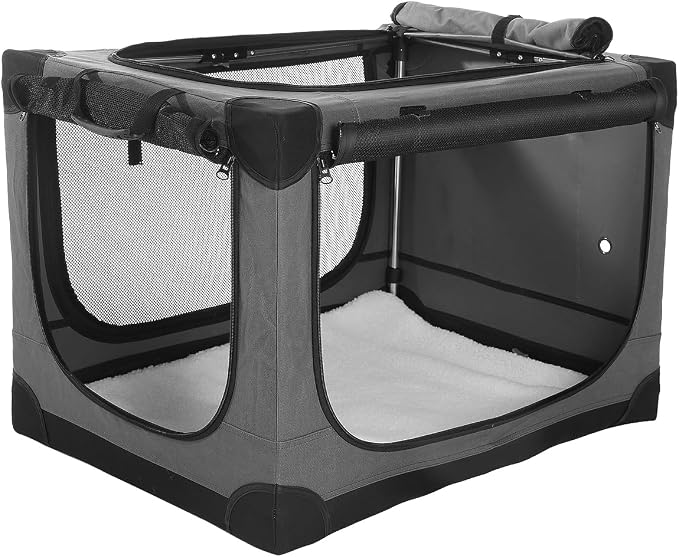 33 x 25 x 25 Inch Collapsible Soft Dog Crate for Dogs Up to 70 lbs, Portable Travel Pet Kennel with 4 Zip Doors, Foldable Indoor Outdoor Crate with Mat, Carry Bag, Grey