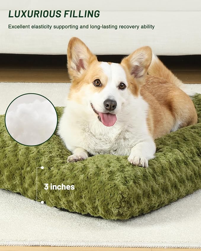 KSIIA Washable Dog Bed Small Dog Crate Bed Deluxe Plush Mat 23"x18" Green | Deluxe Plush Comfy Kennel Pad, Anti-Slip Bottom,Deep Sleeping Mat for Small Dogs,Machine Washable for Easy Cleaning