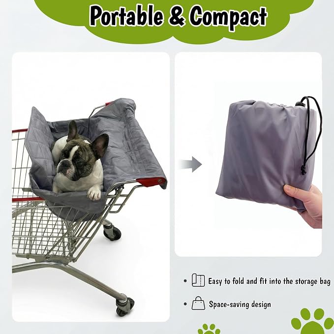 Portable Shopping Cart Cover for Dogs, Secured with Hook and Loop with Safety Ropes, Quilting Grocery Cart Cover, Comfortable and Easy to Clean with Carry Bag (Gray)