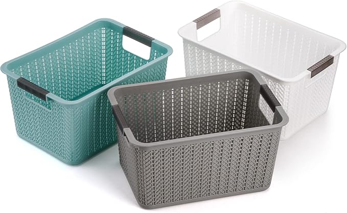 Lawei 9 Pack Plastic Storage Baskets, 10.5 x 7.1 x 5.5 Inch Weave Storage Bins with Handle, Plastic Shelf Organizer Basket for Home Cabinet, Pantry Storage Bins for Toys, Classroom, 3 Colors