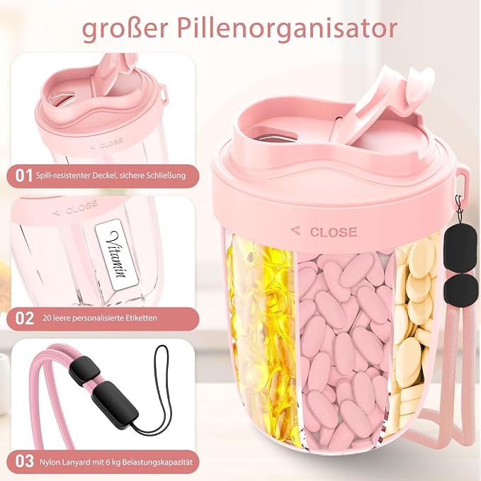 Tablet Box 7 Days in the Morning in the Evening | Round with 7 Large Subjects & Anti-Confusion Design | Width Opening, BPA-Free & Portable | for Medication, Vitamins, Fish Oil, etc. （Pink）