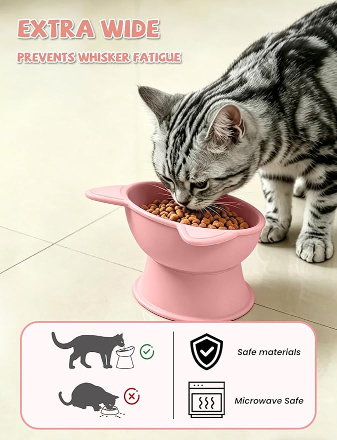 YINEYA Cat Bowls, Cat Food Bowl Elevated to Protect Neck & Anti-Vomit, Whisker-Friendly Raised Food & Water Bowls for Indoor Cats/Small Dogs, Cute Pet Feeding Bowl 6 OZ Each, Dishwasher Safe, Pink