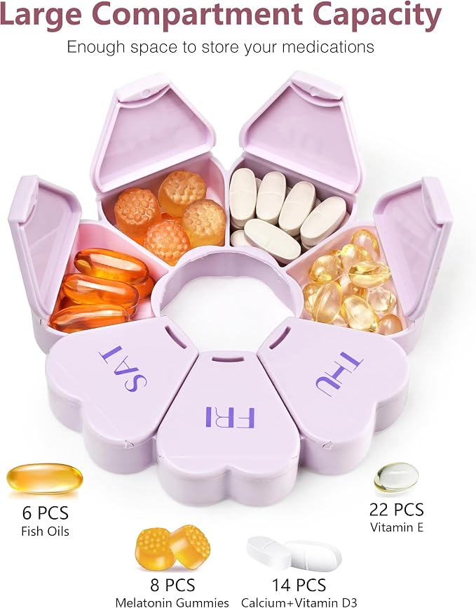 MOLN HYMY Large Weekly Pill Box 7 Day, Cute Pill Case Organizer 1 time a Day, Floral Pill Container Once Daily, Pretty Medicine Dispenser for Vitamin/Fish Oil/Medication/Supplements (Purple)
