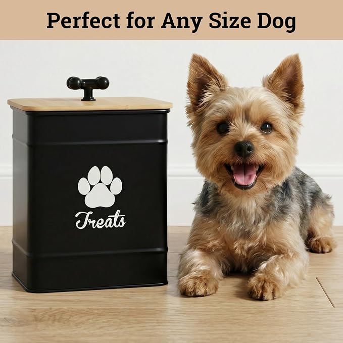 Dog Treat Container Airtight, 6"W x 8"H, Powder Coated, 12 Cup Capacity | Fits All Popular Treats, 12 Cup Capacity, Airtight Bamboo Lid, Easy Open Lid, Dent-Resistant Durable Metal Bone-Shaped Handle