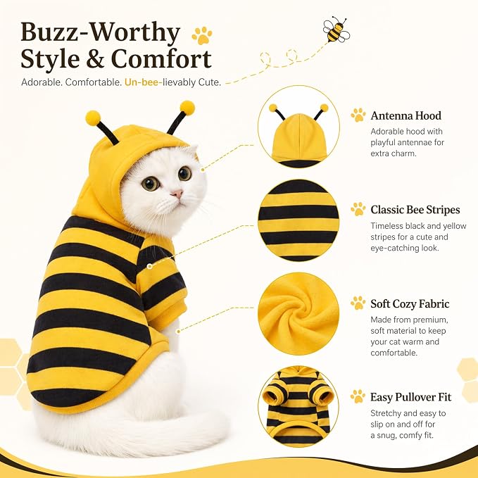 Cute Cat Bee Costume - Pet Halloween Apparel Bumble Bee Cosplay Clothes Antennae, Soft Warm Fleece Hoodie for Cats, Kittens, and Small Dogs, Perfect for Festival Party and Photo Shoot S/M