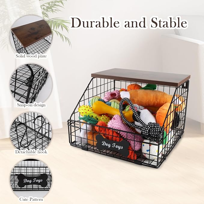 Metal Dog Toy Basket, Medium Dog Toy Box for Living Room Area ﻿ | Chew Proof Dog Toy Bin for Dog Accessories, Wire Basket for Pet, Dog Storage Organizer with Wood Shelf,(11.8"x12"x8")