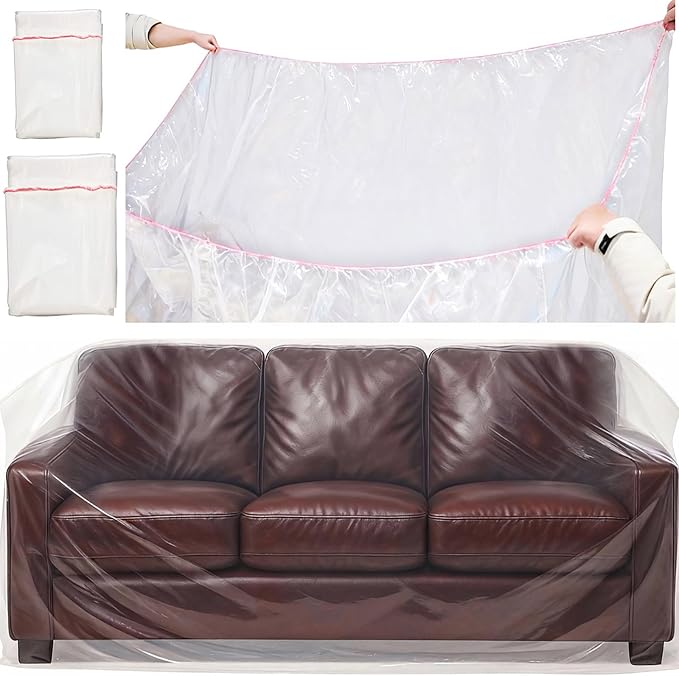 2 Pack Plastic Couch Cover Loveseat Cover with Elastic Band, Clear Furniture Cover Sofa Cover Protector for Moving and Storage, Waterproof & Dustproof Moving Bags for Couch Slipcover
