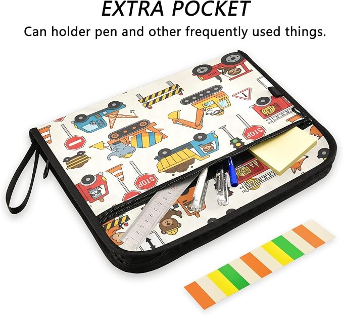 Colorful Construction Truck 13 Pocket File Organizer Expanding File Folder with Front Pouch Portable Business File Storage Document Organizer Folder with Zipper