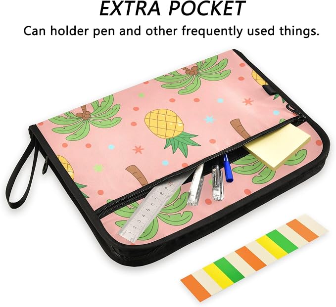 Tropical Pineapples Pink Expanding File Folder with Sticky Labels, 13 Pockets Accordion File Folder Document Organizer Expandable Zip File Folder with Zipper Closure