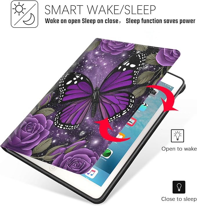 Tablet Case for iPad (9.7-Inch, 2018/2017 Model, 6th/5th Generation),Shockproof Protective Cover with Stand,Auto Wake/Sleep,Purple Butterfly Rose