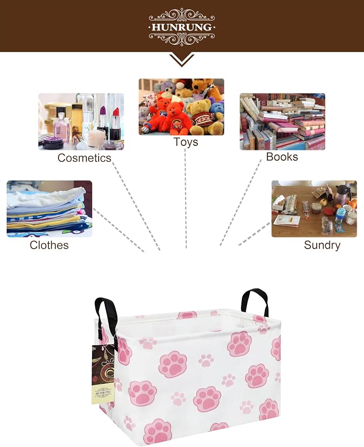 Rectangle Foldable Storage Basket Handles For Home, Pink Paw | Waterproof reinforced handles, perfect for shelf use, organizes clothes, daily items and pet supplies