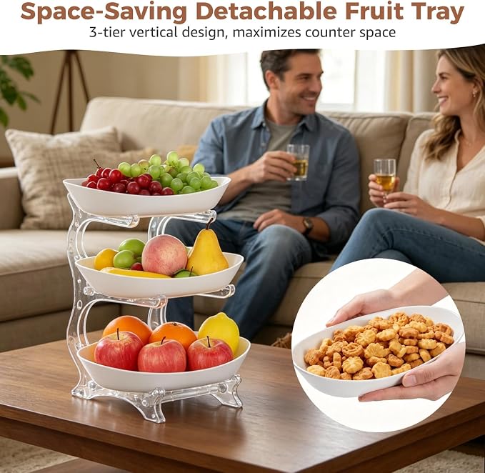 3 Tier Fruit Bowl Stand with 3 Removable Oval Dishes, Large Capacity Multi Layer Snacks Storage Rack, Heavy Duty Transparent PET and PP Organizer for Kitchen, Living Room, Desktop