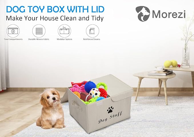 Dog toy box with lid dog storage organizer perfect basket for dog toys living room, playroom, closet, home organization and storage - Dog - Bamboo Beige