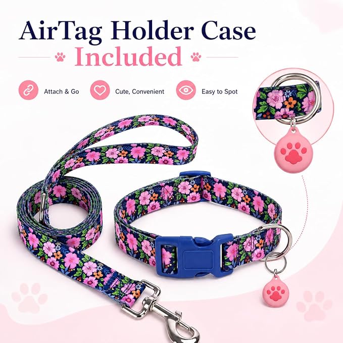 Floral Matching Dog Collar and Leash Set with AirTag Holder-Daisy/XS | Anti-Lost,Adjustable Durable Pet Collar Leash Combo for Puppy X-Small Boy Girl Dogs,Outdoor Walking Hiking Training Running