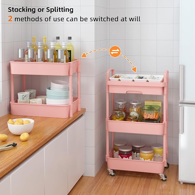 Calmootey 3-Tier Utility Cart with Drawer & Wheels, Storage for Home,Office | Space-Saving Organizer, Sturdy Plastic Shelves, Smooth-Rolling Metal Wheels, Built-in Drawer for Small Items, Pink