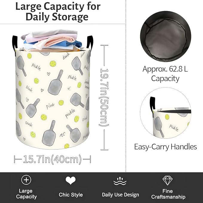 Pickleball Laundry Basket, Paddle Ball Print Foldable Oxford Cloth, Waterproof Dirty Clothes Hamper with Handles, Clothing Storage Bin Toy Organizer for Bedroom Dorm Bathroom, 19.7"x15.7"