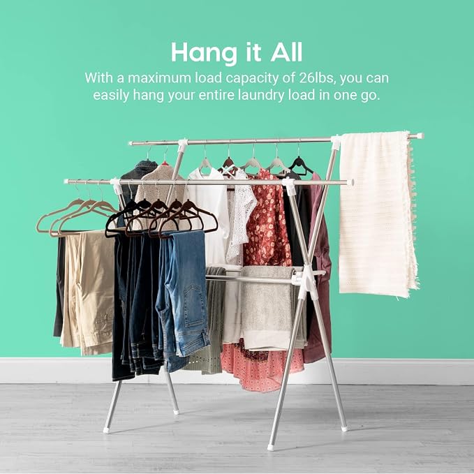 IRIS USA Foldable Drying Rack with Extendable Rods for Large Laundry Loads, Clothes Drying Rack, Freestanding Foldable Laundry Rack, Anti-Skid Feet, Portable and Storable, Silver | Expands drying space for laundry with adjustable rods and foldable conv...