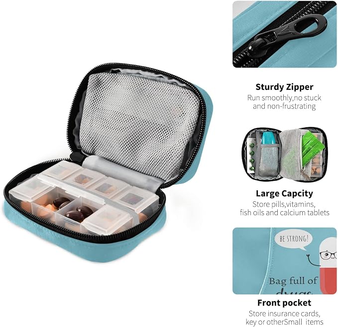 Naanle Cute Cartoon Pill Box 7 Day Case Bag Travel Organizer with Zipper Portable Weekly Compact Size for Vitamin Supplement Holder A Cartoon Blue Red 4.6 x 3.14 x 1.88 Inch