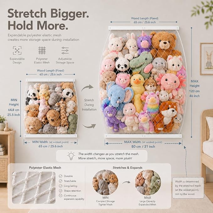 Stuffed Animal Storage Holder, Elastic Stuffed Animal Net,Door/ Wall Mount Length Adjustable Hanging Stuffed Animal Organizer, Plushie Net For Nursery Play Room-White Boards Patent