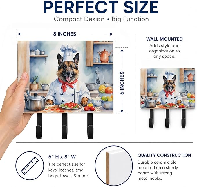 Caroline's Treasures Belgian Tervuren The Chef Leash or Key Holder Wall Hooks, Key Hooks Holder, Coat Rack Wall Mount, Coat Hooks, Hooks for Hanging Keys, Towels, Aprons, Leashes | Belgian Tervuren The Chef artwork on ceramic tile with three steel hook...