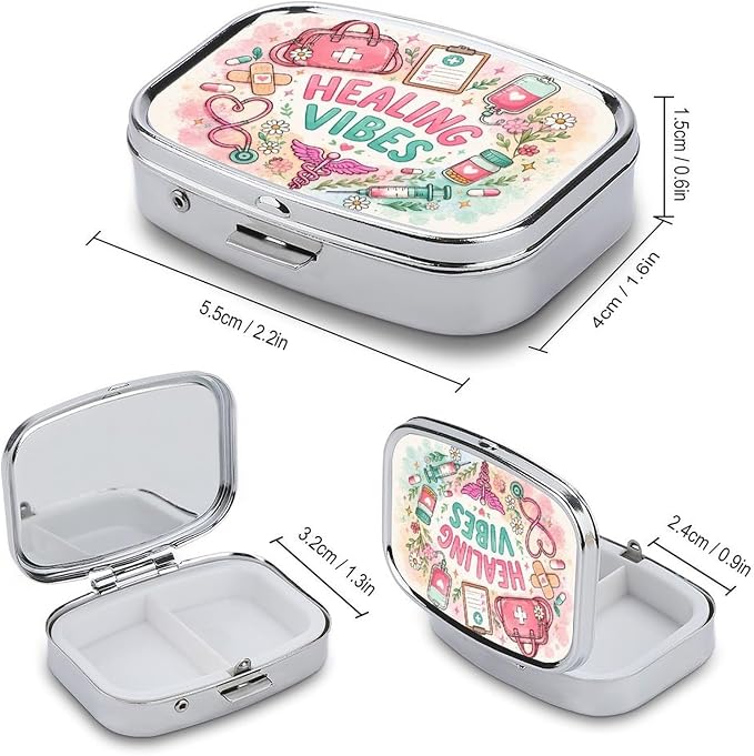 Healing Vibes with Pastel Blooms Two Compartment Pill Box Medicine Organizer, Portable Pill Case with Secure Snap Closure for Vitamins Medication Supplements Daily Use