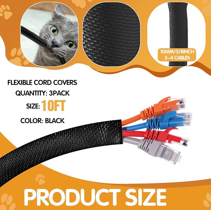 Poen 3 Pack 30ft Cord Protectors from Pets No Chew, 3/8 Inch