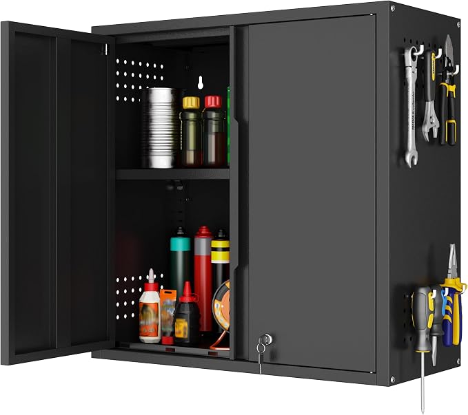 Garage Wall Cabinet with 2 Doors, Metal Wall Cabinet with Lock | 26''H Wall Mounted Cabinet, Lockable Floating Tool Cabinet, Steel Storage Cabinet for Kitchen,Office,Garage,Laundry,Warehouse