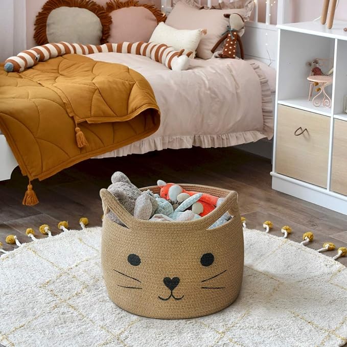 Large Woven Rope Cat Toy Basket with Cat Face Design, Jute | 15.7" x 11.8" Toy Bin & Box for Living Room Nursery, Baby Storage Basket for Towels, Blankets, with Sturdy Handles