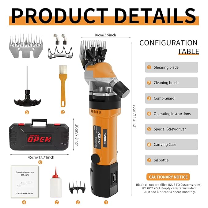 1200W Sheep Shears Clippers, 3200RPM 6-Speed Adjustable Heavy Duty Electric Sheep Shears for Dogs and Farm Livestock Grooming, 13T Blades, Professional Thick Coat Dog Clippers for Alpacas (Orange)