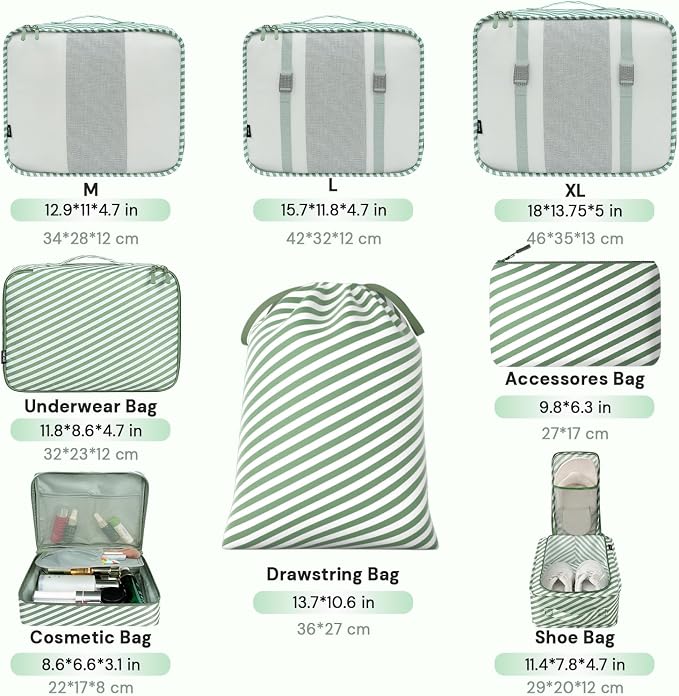 BAGAIL 8 Set Packing Cubes Luggage Packing Organizers for Travel Accessories-White and Matcha Stripe