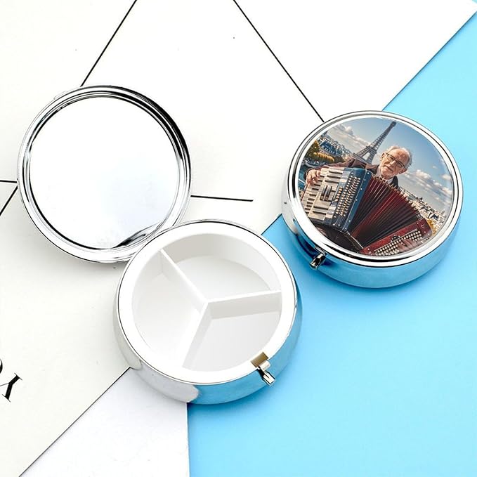 3 Compartment Medicine Pill Case, Musicians and Instruments Round Pill Box, Portable Decorative Medicine Organizer for Pocket Or Purse Vitamin Organize