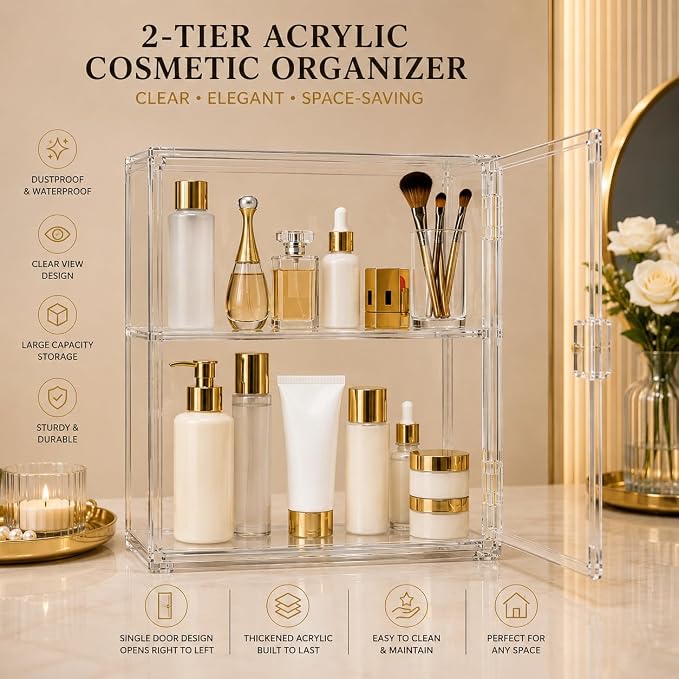 2-Tier Acrylic Display Case with Magnetic Door, Clear Makeup & Skincare Organizer for Bathroom Countertop, Dustproof Vanity Storage Cabinet for Cosmetics, Perfume & Beauty Products