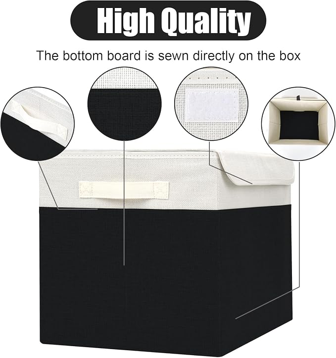 Large 42 Quarts Fabric Storage Bins with Lids [2-Pack] Linen Collapsible Foldable Baskets, Closet Organizer Containers boxes with Handles for Home Office (16.7 x 12 x 12, Black & White)