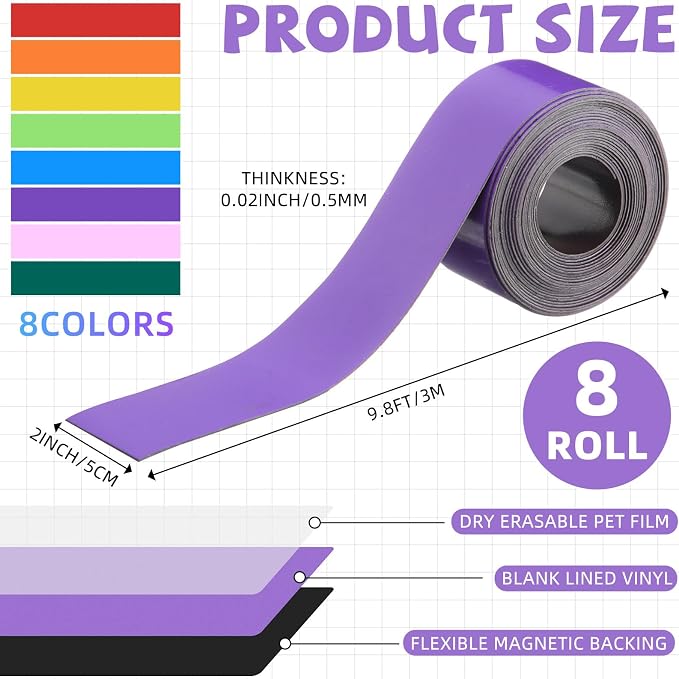 8 Pcs Dry Erase Magnetic Strips for Classroom, 2 in x 9.8 ft Colorful Magnetic Tape Roll Blank Magnets Sticky Labels Writable Flexible Magnet Sheet for Whiteboard Refrigerator Locker Shelf | Colorful Writable Strips, Flexible Adhesive, For Refrigerator...