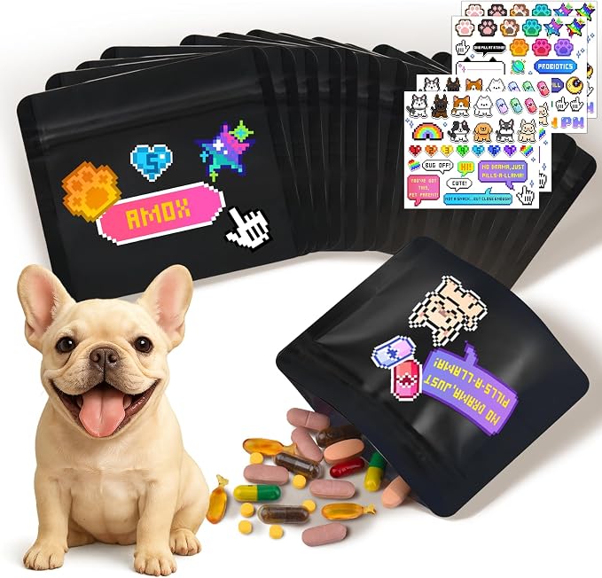 Reusable Pet Pill Pouches for Light Medicine,- 200pcs Capacitywith Zippered Seal, Zippered Medicine Bags with Fun Labels,Waterproof for Medications, Vitamins, Treats (Black Dog)