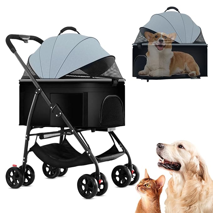 3 in 1 Pet Stroller for Dogs Cats Foldable Jogger with Detachable Carrier