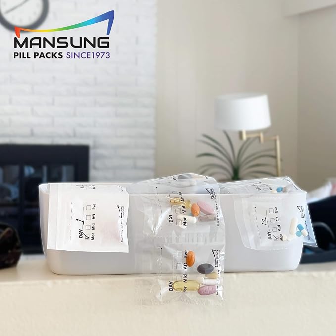 Mansung S Heat Seal Pill Bag pouche Pack Sealed for Medicine Funnel Tray Loading AM PM Organizer Electronic Dispenser kit Daily Sealing Filler Vacuum Vitamin omnicell sorter Paper (S 700 Bags/Week)
