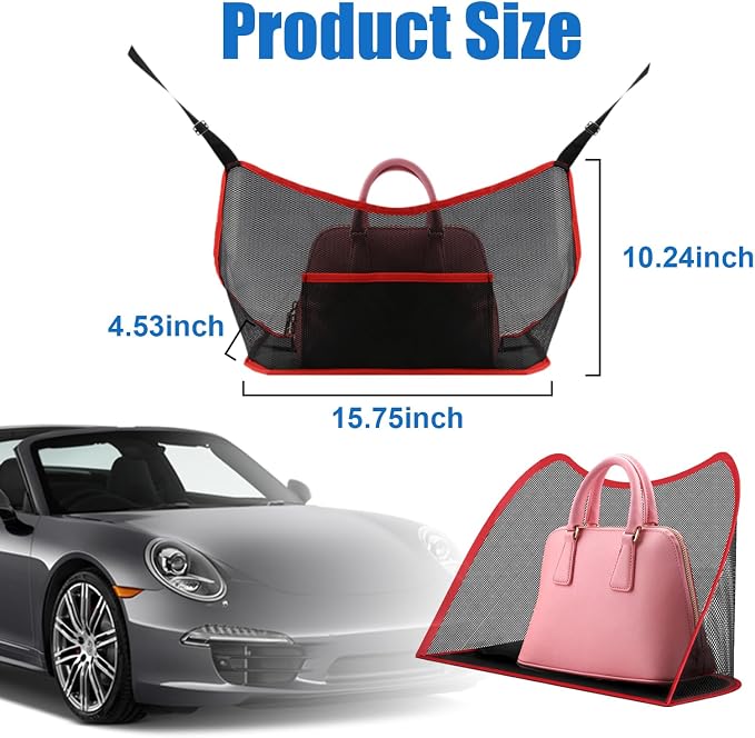 Ziciner Car Net Pocket Handbag Holder, Organizer Mesh Bag Between Two Seat, Driver Storage Netting Pouch for Handbag Purse, Barrier of Backseat Pet Kids, Car Accessories for Women Men (Black&Red)