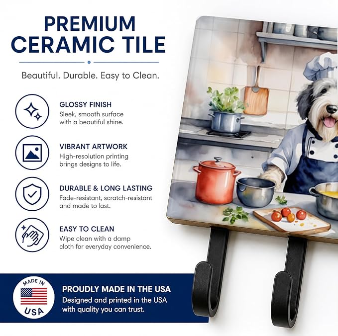Caroline's Treasures Old English Sheepdog The Chef Leash or Key Holder Wall Hooks, Key Hooks Holder, Coat Rack Wall Mount, Coat Hooks, Hooks for Hanging Keys, Towels, Aprons, Leashes | Old English Sheepdog The Chef artwork on ceramic tile with three st...