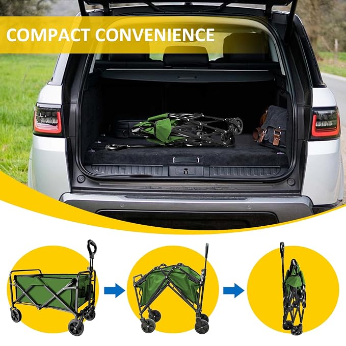 Foldable Wagon Cart, Collapsible Wagon Cart with Heavy Duty Wheels, 220Ibs Portable Folding Utility Wagon for Groceries, Beach, Camping, Outdoor Activities, Green