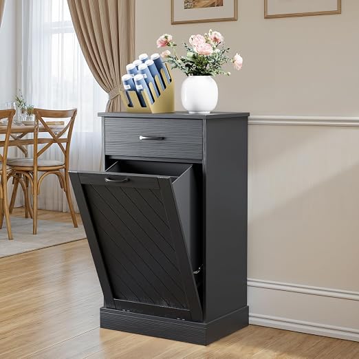 njnj 13 Gallons Tilt Out Trash Cabinet, Kitchen Hidden Trash Bin Cabinet Wood Garbage Recycling Cabinet with Hideaway Drawer, Pet Proof Freestanding Trash Bin for Kitchen Living Room Black