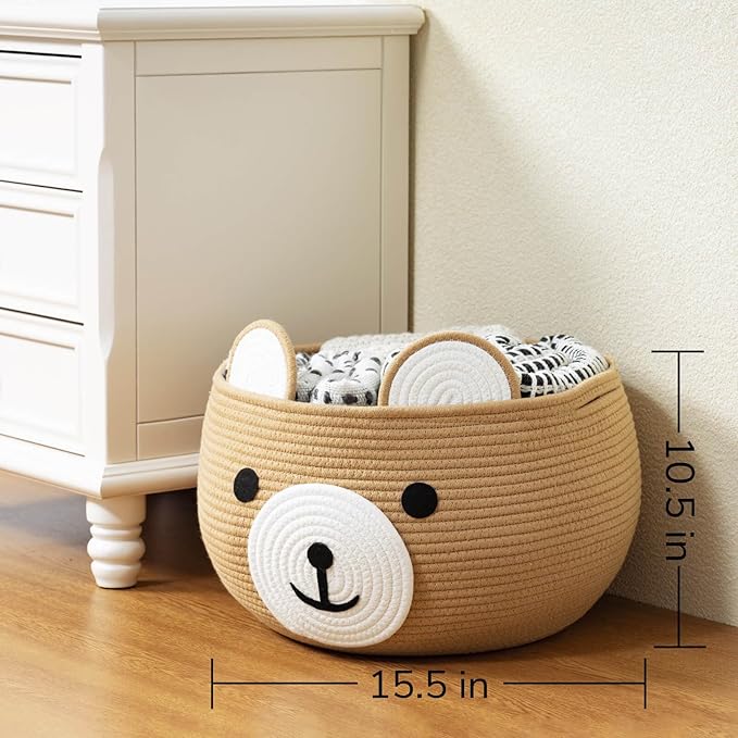 CherryNow Large Baby Basket for Gifts Empty, Cute Bear Design, Brown | 15.7" x 10.5" Baby Shower Basket for Kids Boys Newborn Storage, Woven Rope Toy Basket, Fits Living Room Nursery Décor