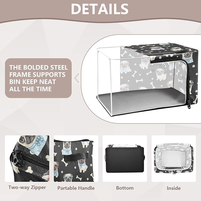 Cute Pets Pugs Black print Under Bed Storage Containers with Double Zipper Openings, Foldable Clothes Storage Bins with Clear Window and Handles for Blankets Bedding Comforters