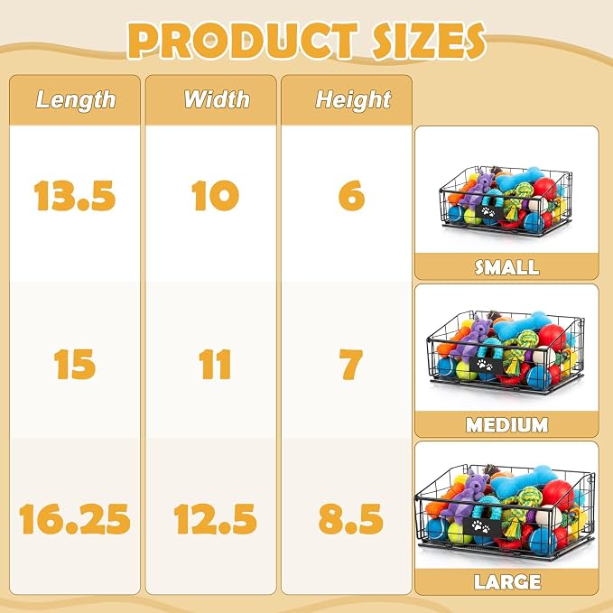 3 Pack Metal Dog Toy Baskets Multi-sized Foldable Dog Toy Bins Box Storage Container Organizer for Living Room Area Decorative Pet Accessories Coat Clothing Storage Holder Baskets(Black)