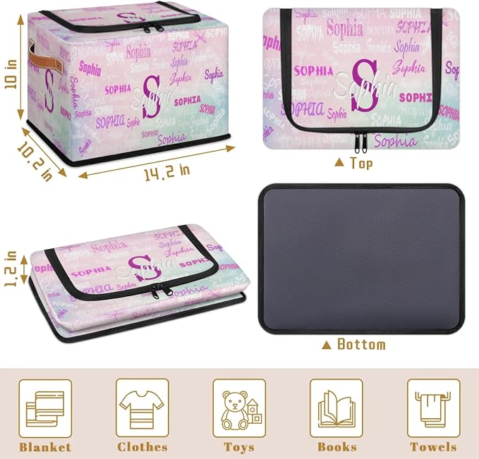 Personalized Storage Basket with Name, Rectangle Toys Storage Bin with Handles Zipper Lid for Baby, Girls, Collapsible Basket for Clothes, Books, Pale Pink with Blue Background